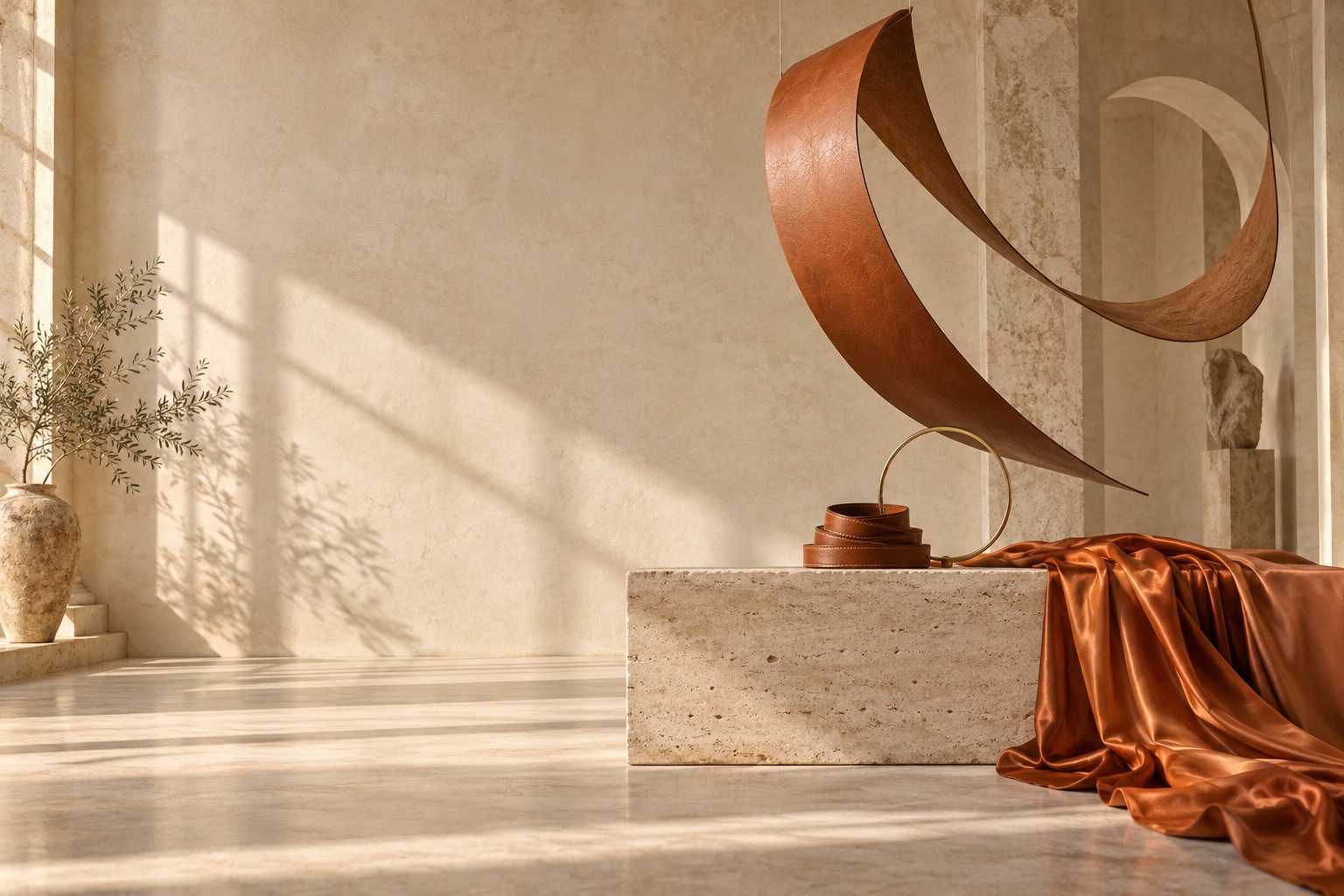 An imagined atelier: sculptural leather and orange silk in warm architectural light.